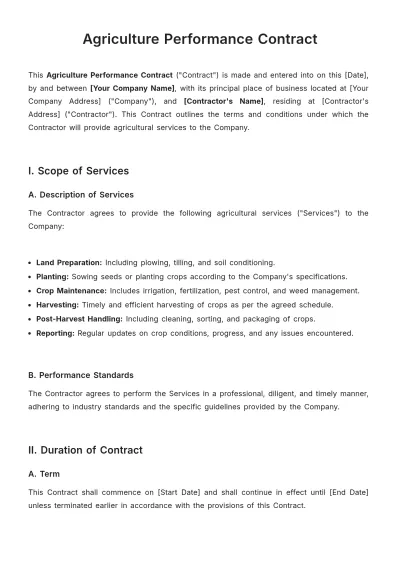 Free Agriculture Performance Contract Template to Edit Online