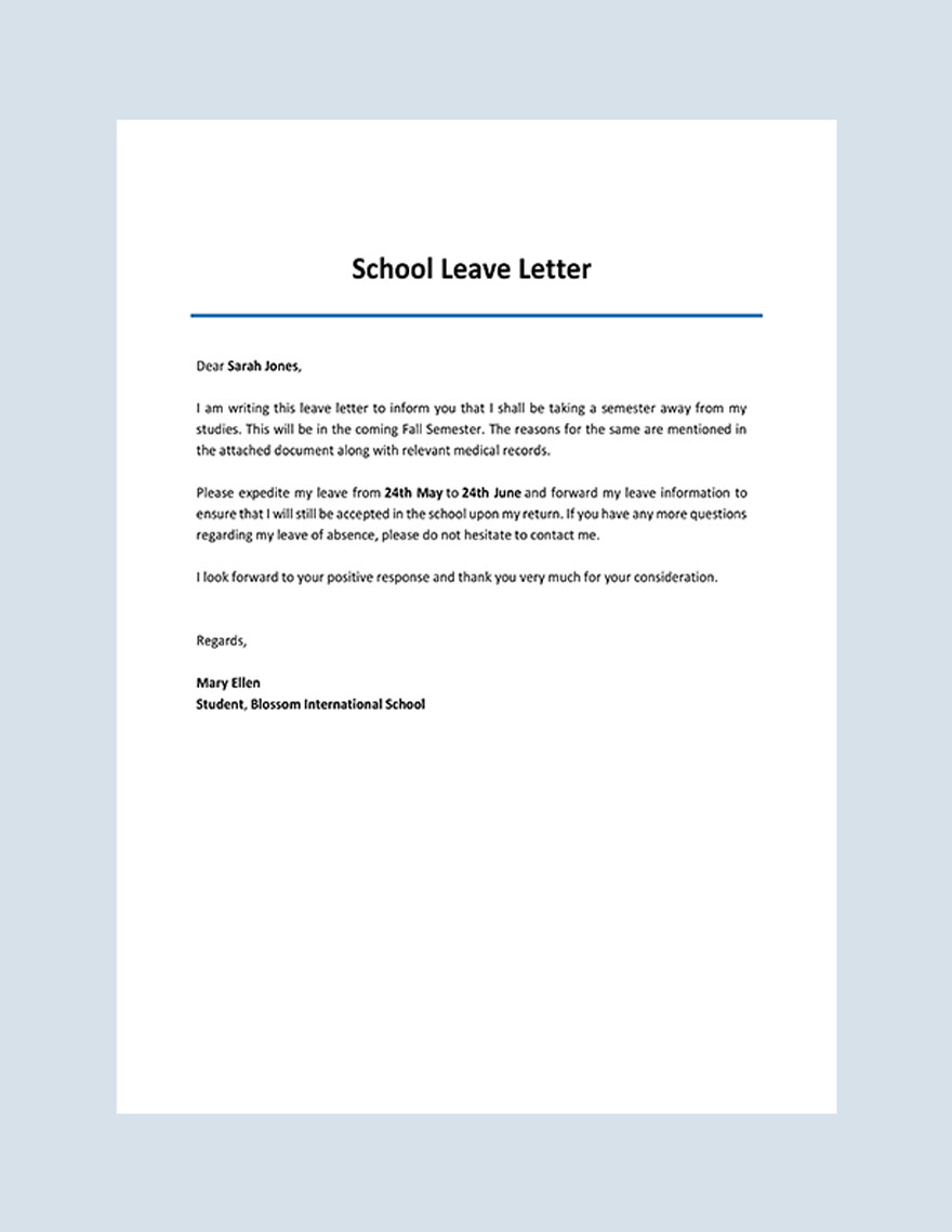 school leave application letter for my son