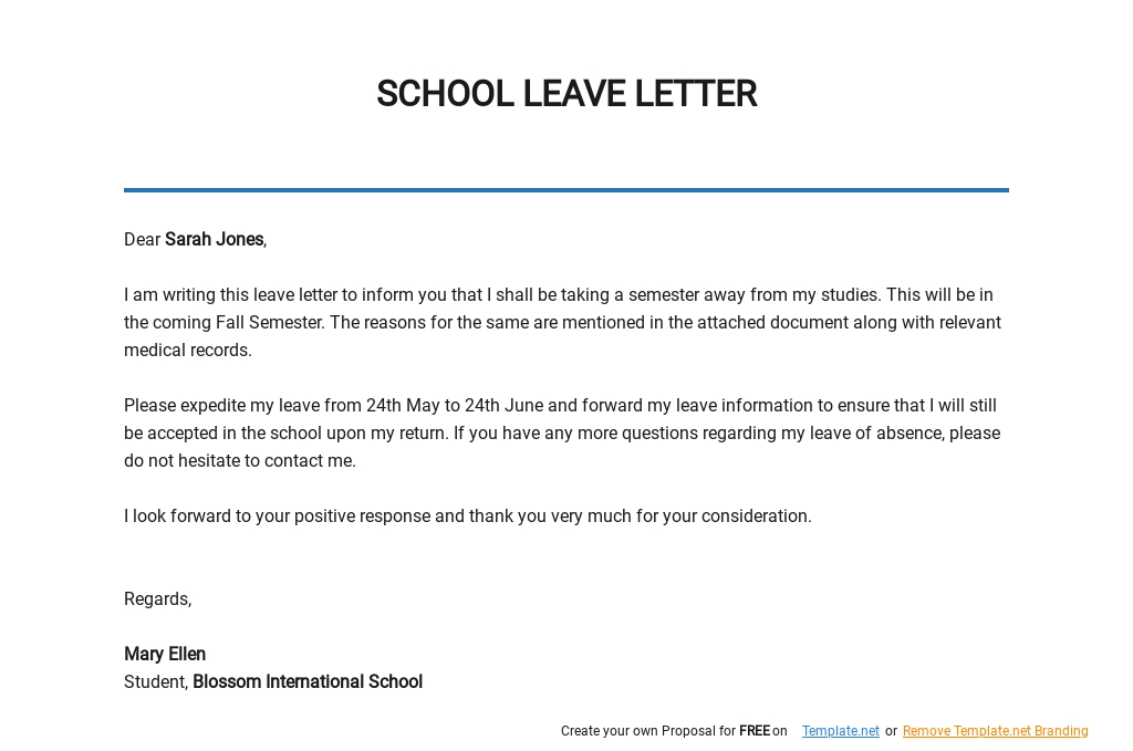 Free School Leave Letter Template - Google Docs, Word