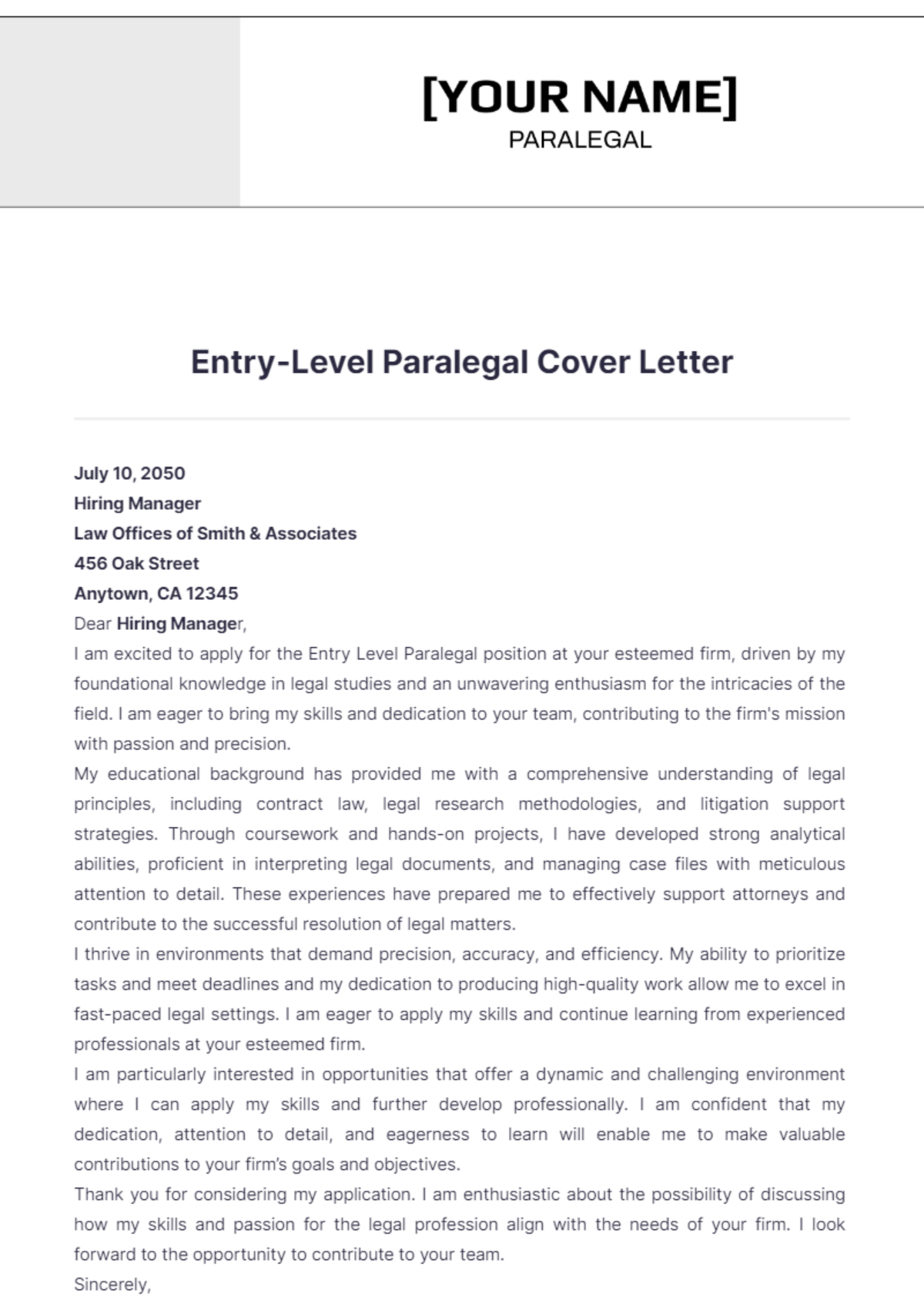 Entry Level Paralegal Cover Letter