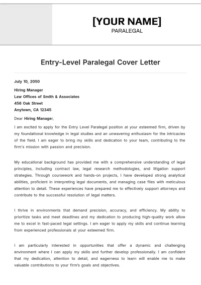 Free Entry Level Paralegal Cover Letter to Edit Online