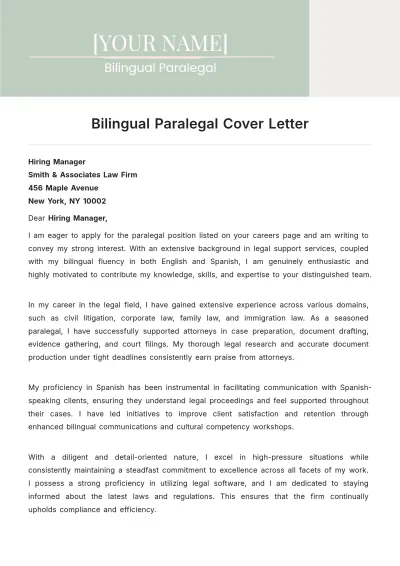 Free Bilingual Paralegal Cover Letter to Edit Online
