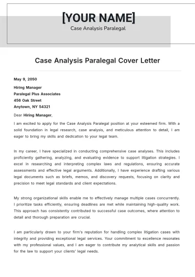 Free Case Analysis Paralegal Cover Letter to Edit Online