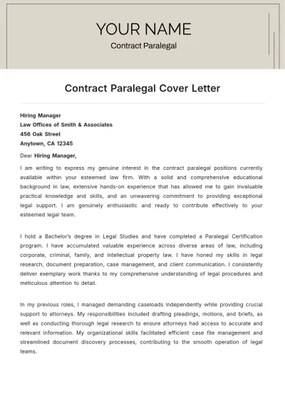 Free Contract Paralegal Cover Letter to Edit Online