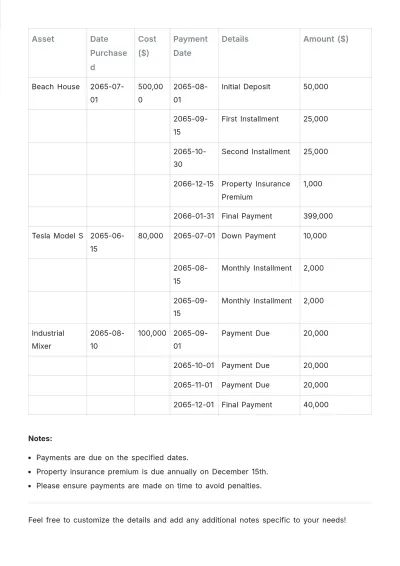 Free Asset Payment Schedule Template to Edit Online