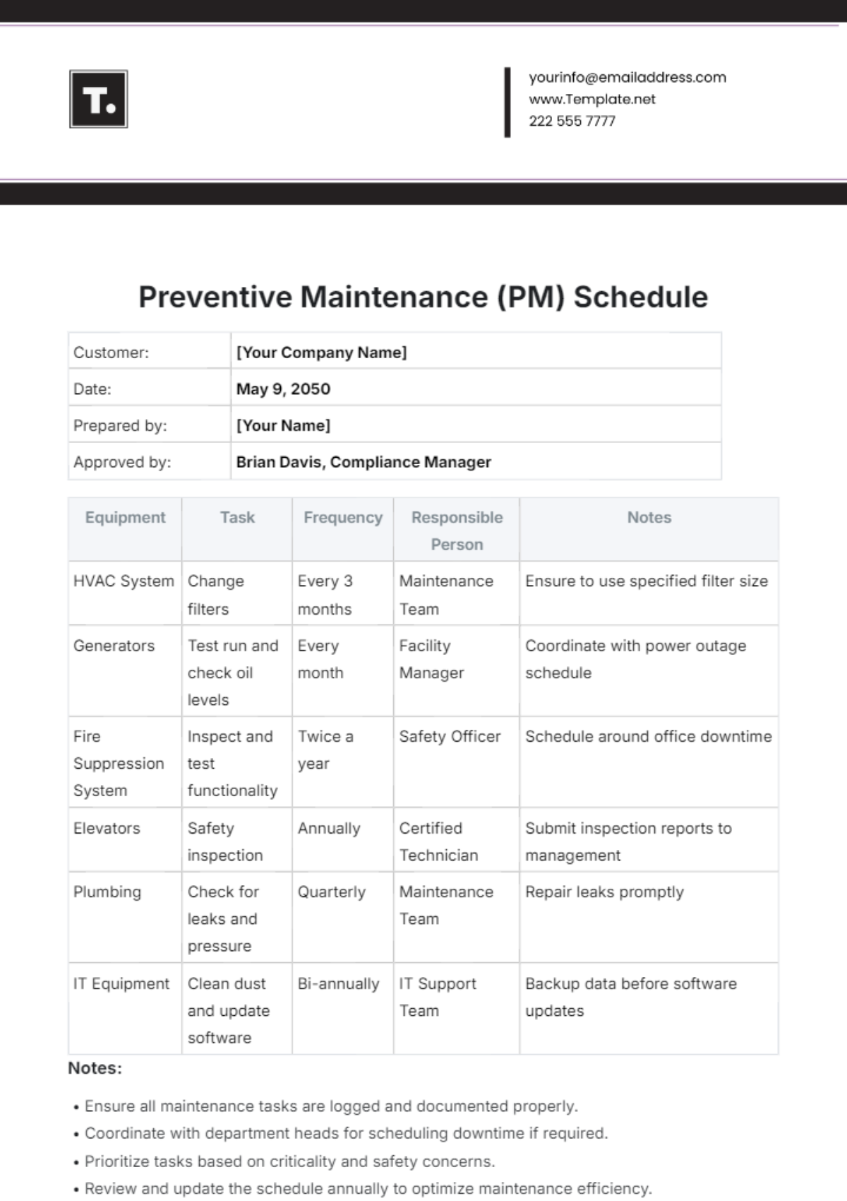 Preventive Maintenance Schedule Template - Edit Online & Download