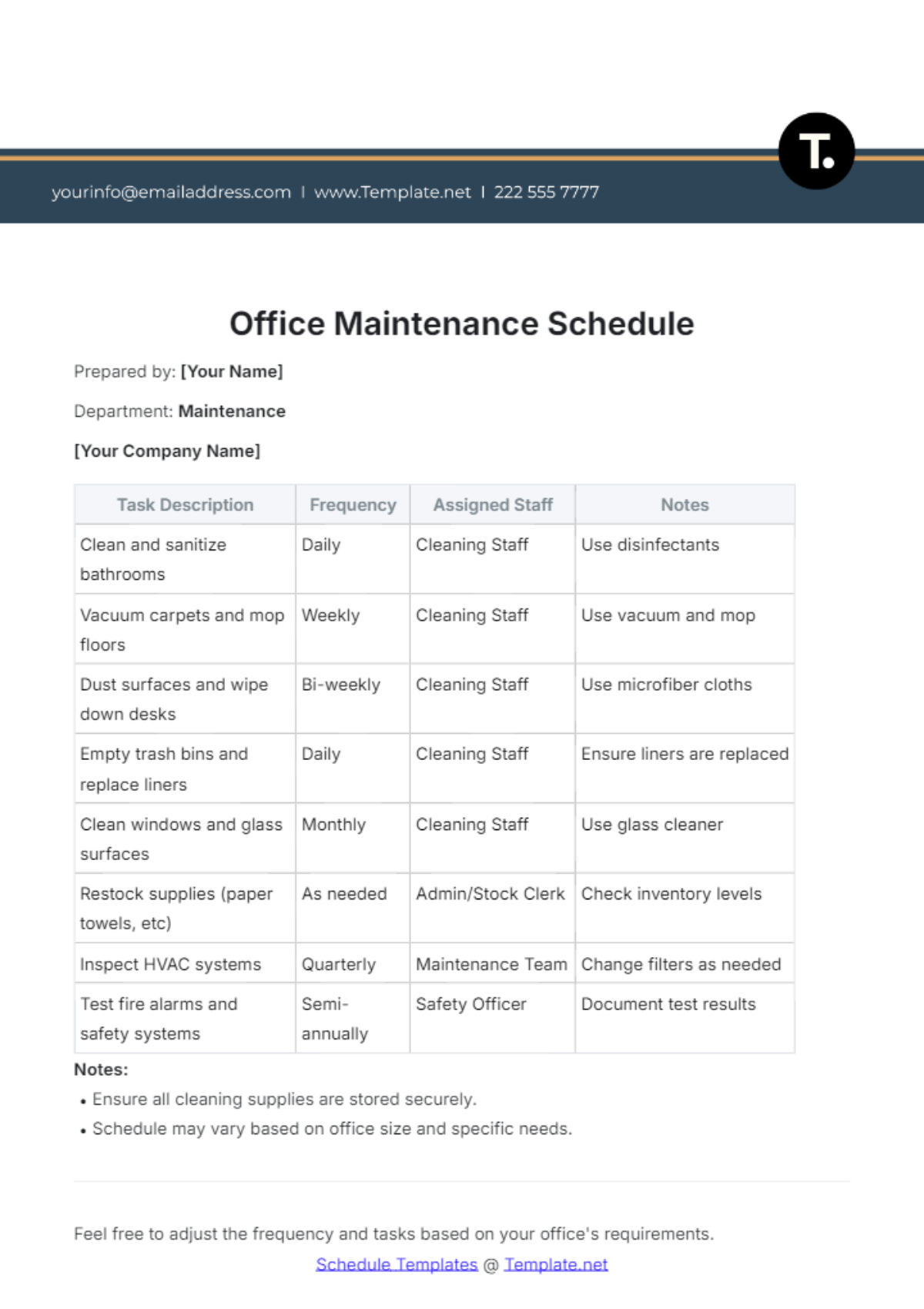 Office Maintenance Schedule Template - Edit Online & Download