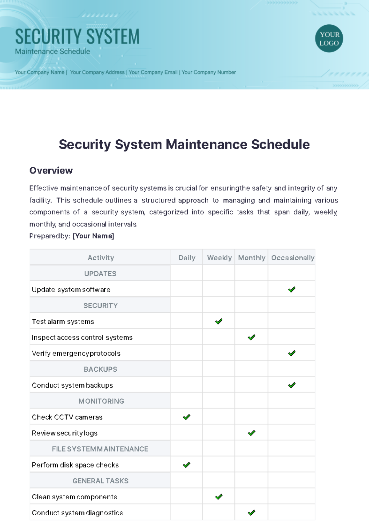 Security System Maintenance Schedule Template - Edit Online & Download