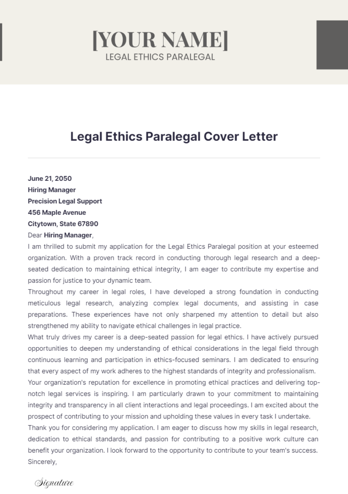 Legal Ethics Paralegal Cover Letter