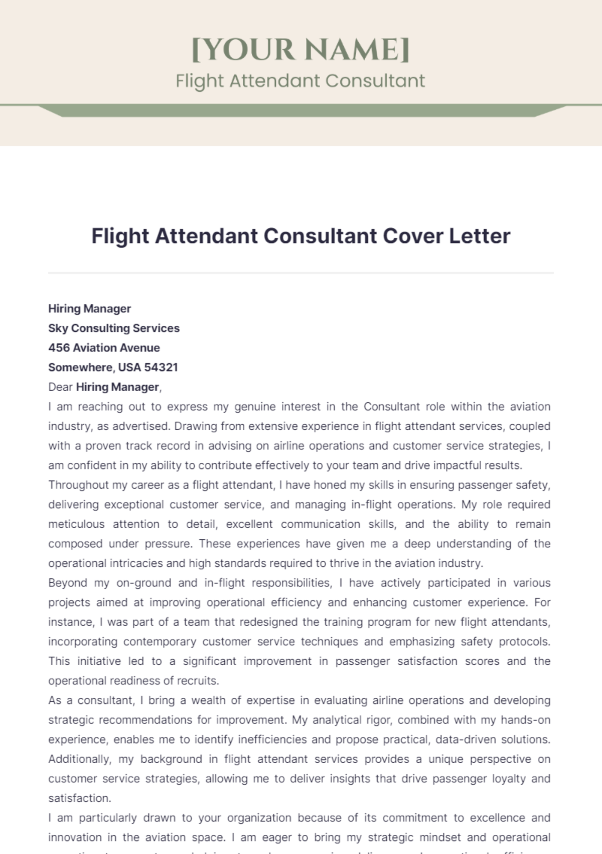 Flight Attendant Consultant Cover Letter - Edit Online & Download