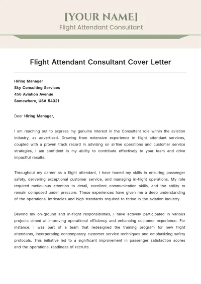 Free Flight Attendant Consultant Cover Letter to Edit Online