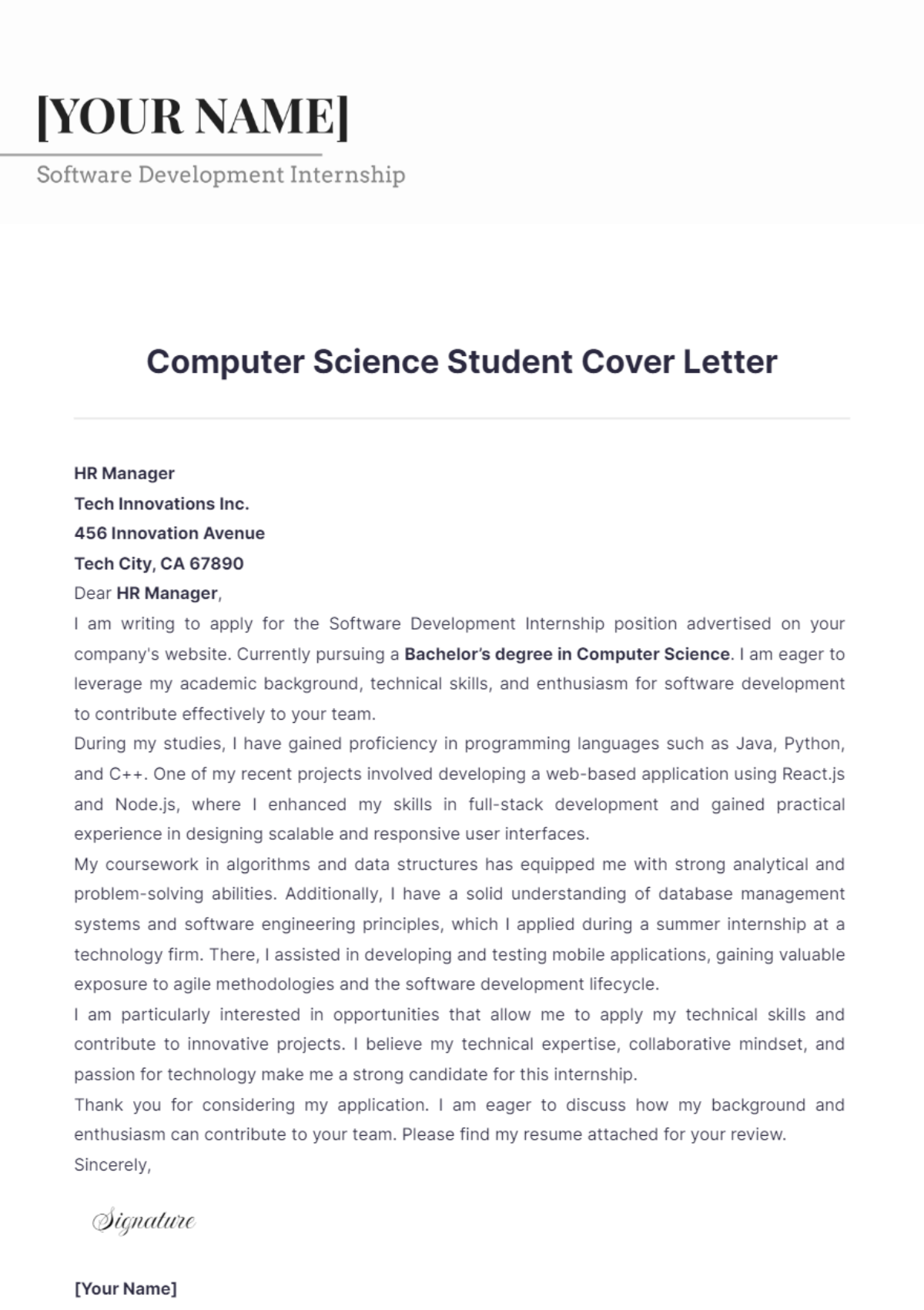 Computer Science Student Cover Letter - Edit Online & Download