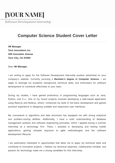 Free Computer Science Student Cover Letter to Edit Online