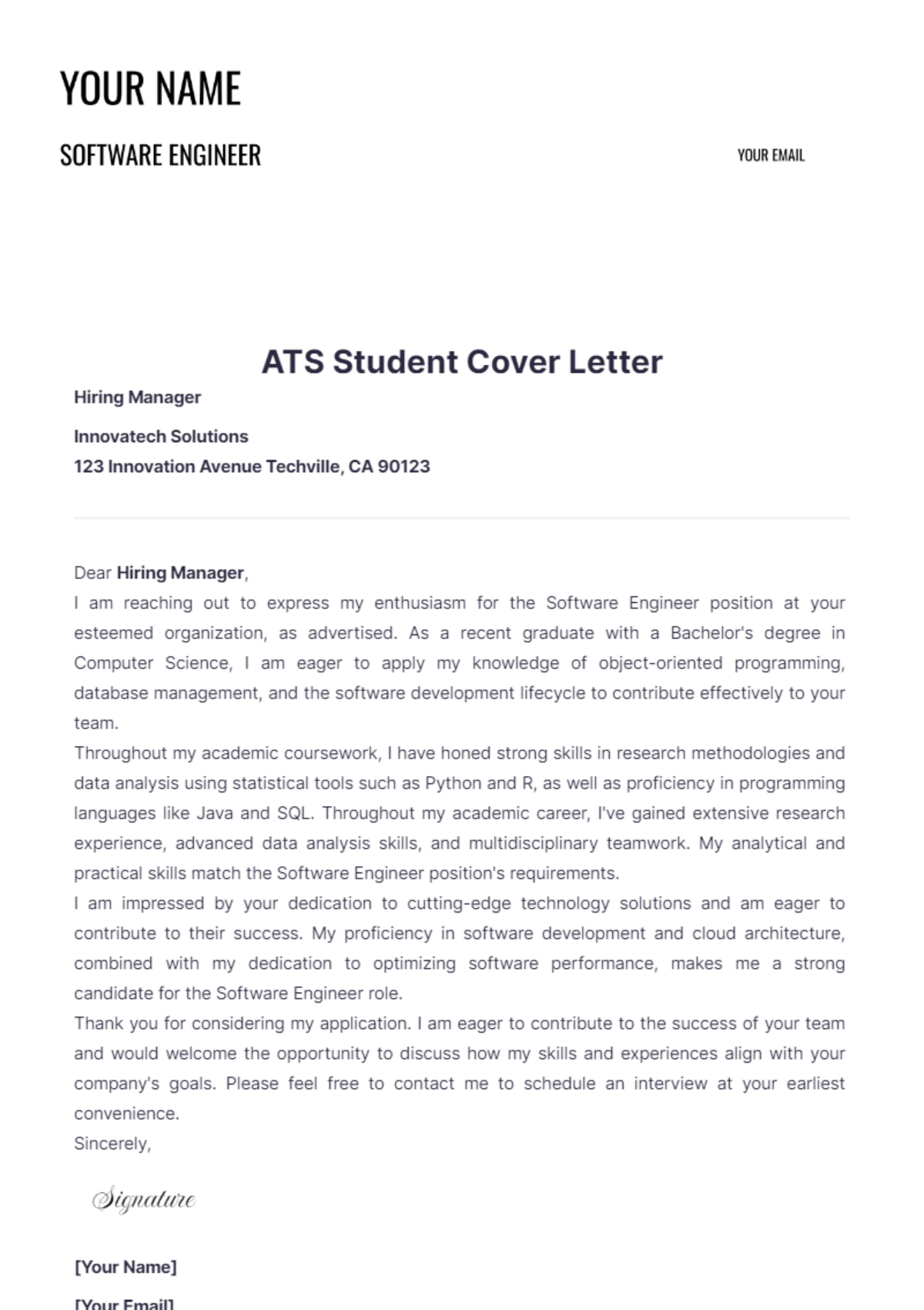 ATS Student Cover Letter - Edit Online & Download