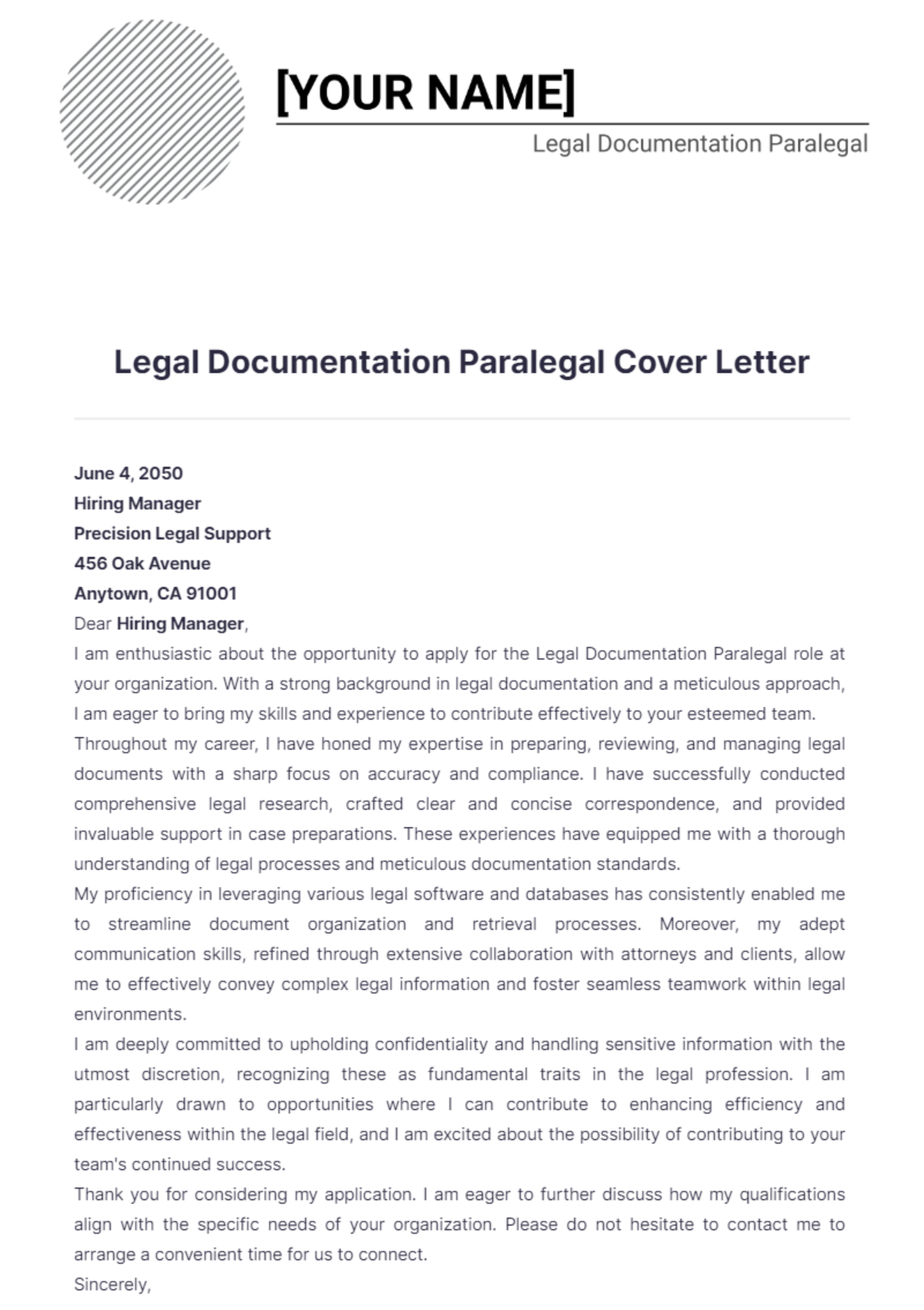 Legal Documentation Paralegal Cover Letter