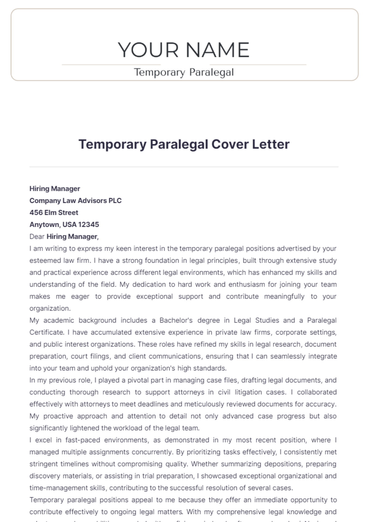 Temporary Paralegal Cover Letter