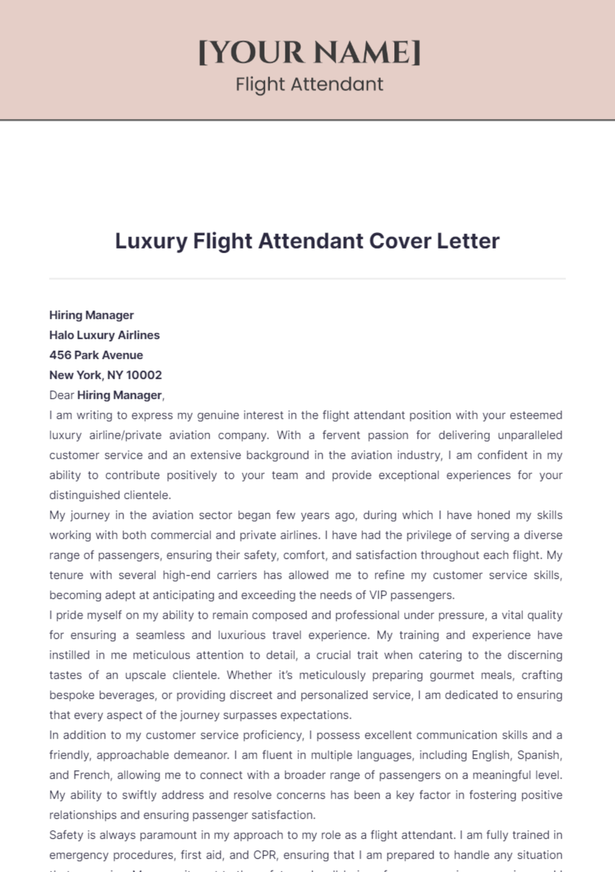 Luxury Flight Attendant Cover Letter - Edit Online & Download