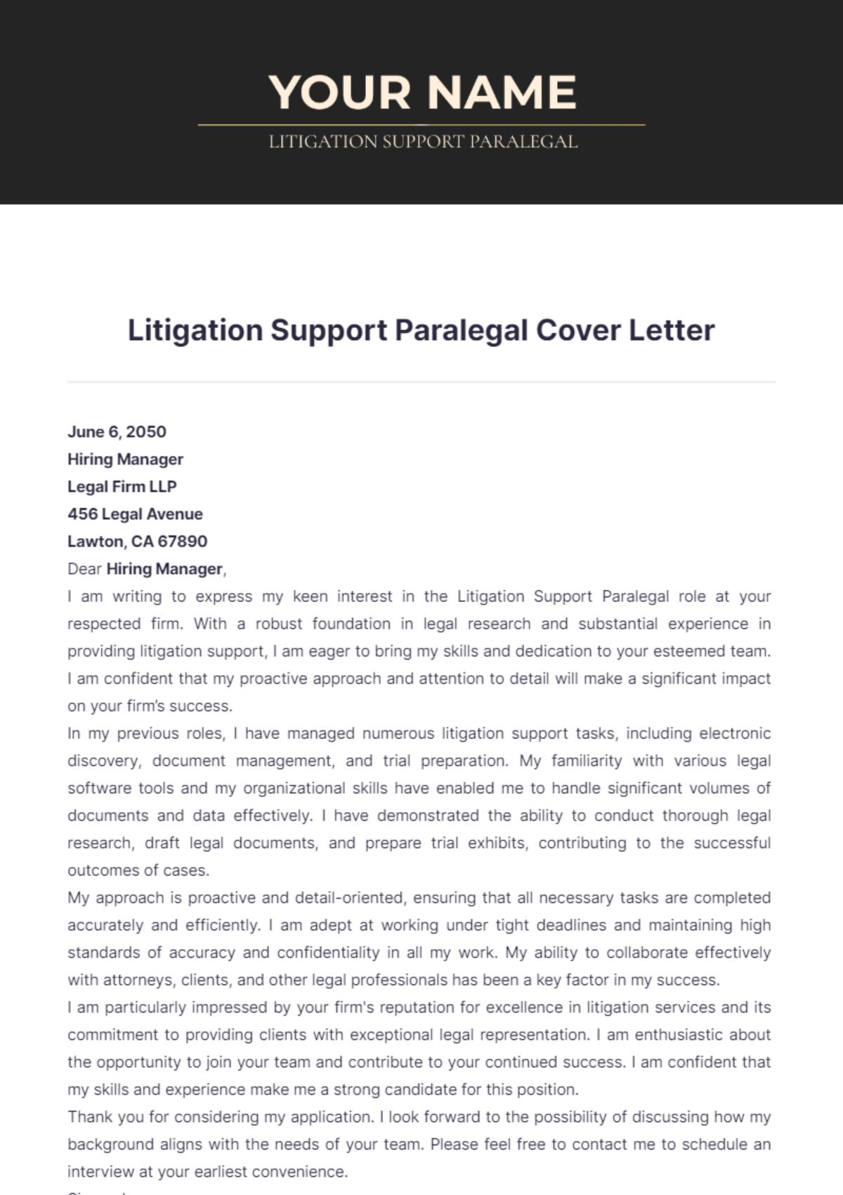 Litigation Support Paralegal Cover Letter