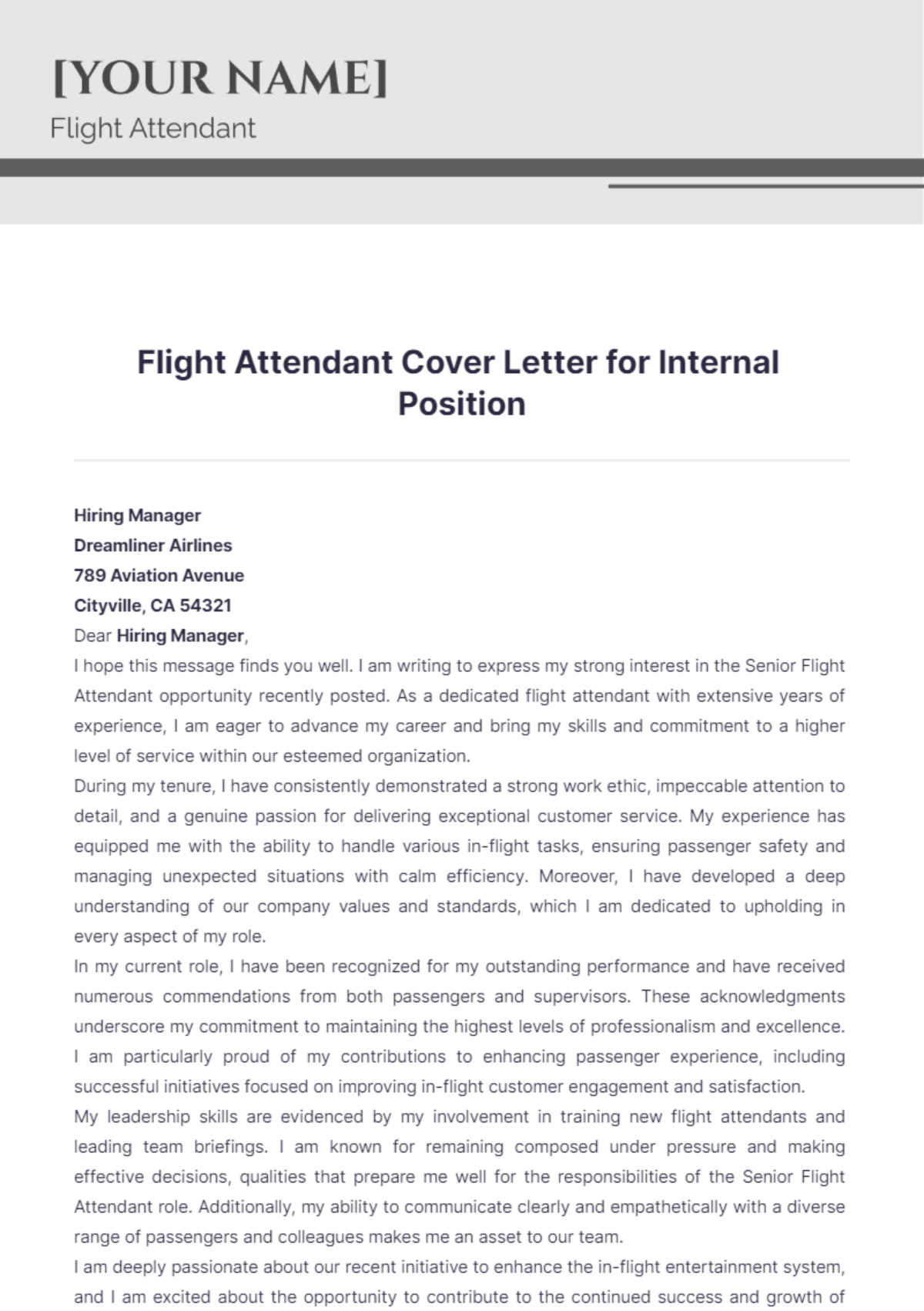 Flight Attendant Cover Letter for Internal Position - Edit Online & Download