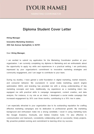 Free Diploma Student Cover Letter to Edit Online