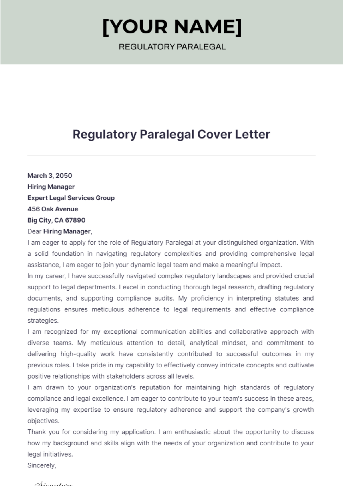 Regulatory Paralegal Cover Letter