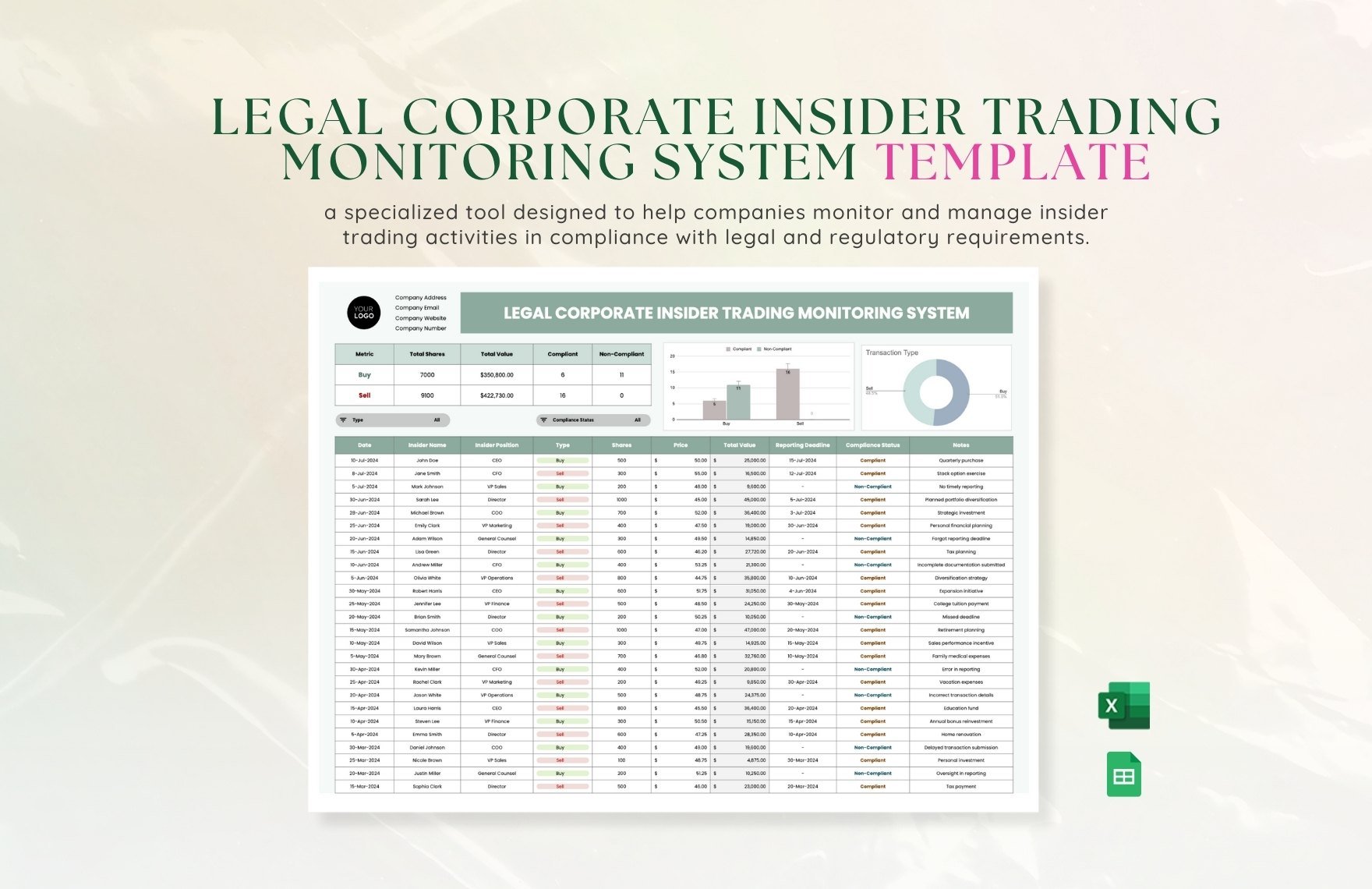 Legal Corporate Insider Trading Monitoring System Template in Excel, Google Sheets