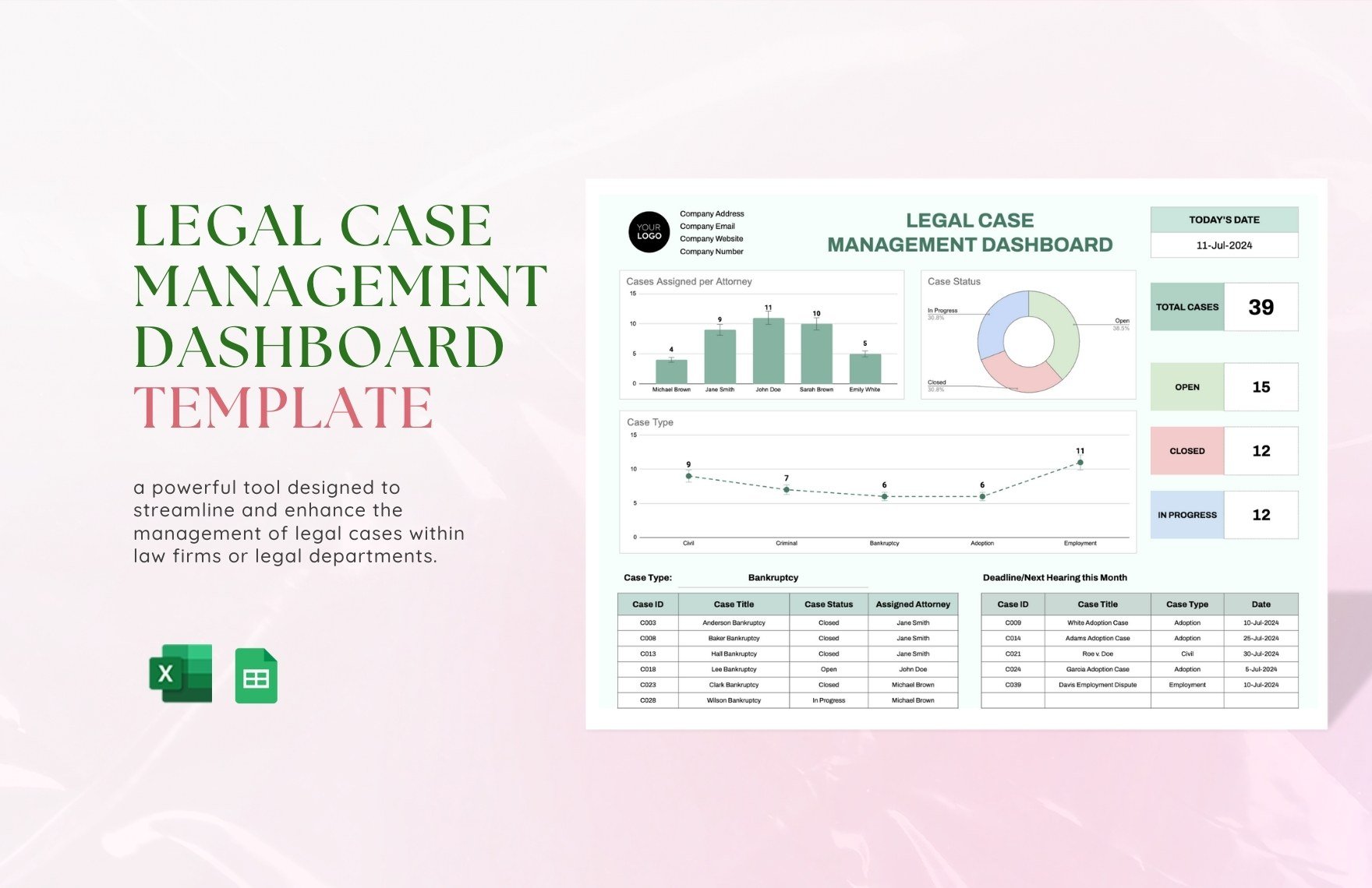 Legal Case Management Dashboard Template in Excel, Google Sheets
