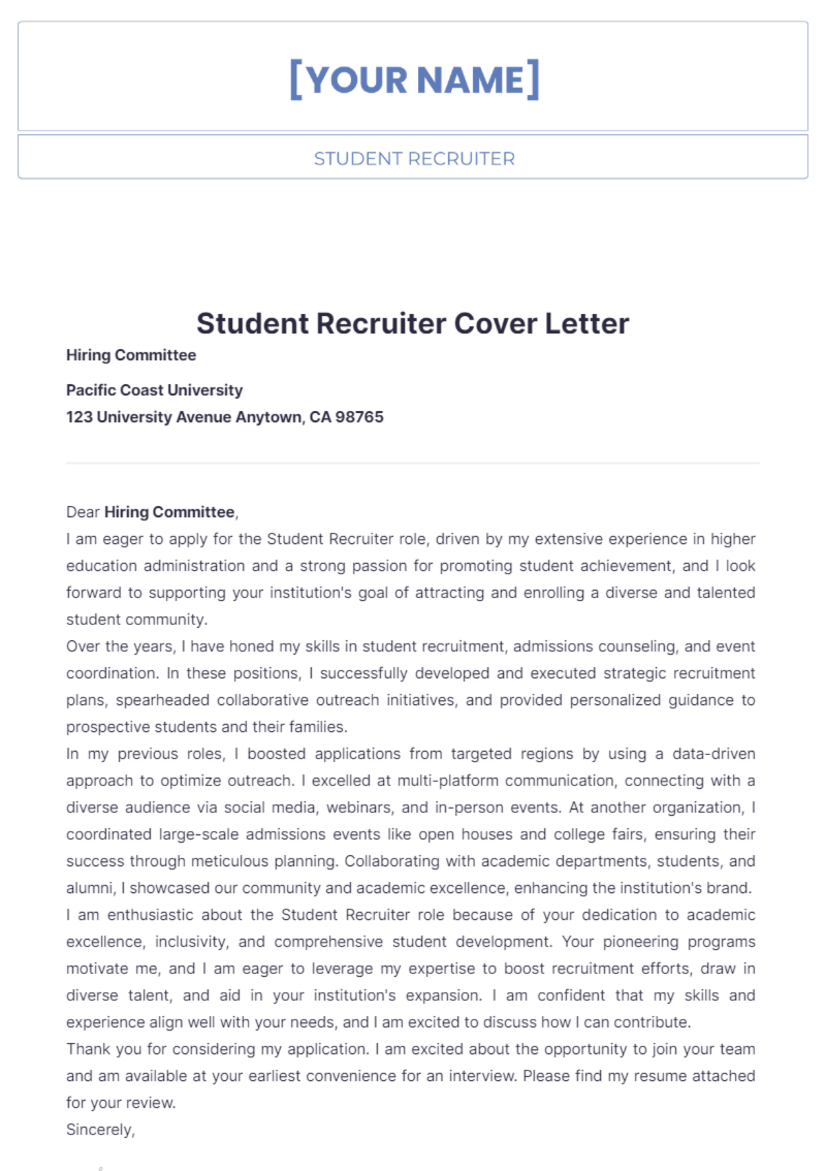 Student Recruiter Cover Letter - Edit Online & Download