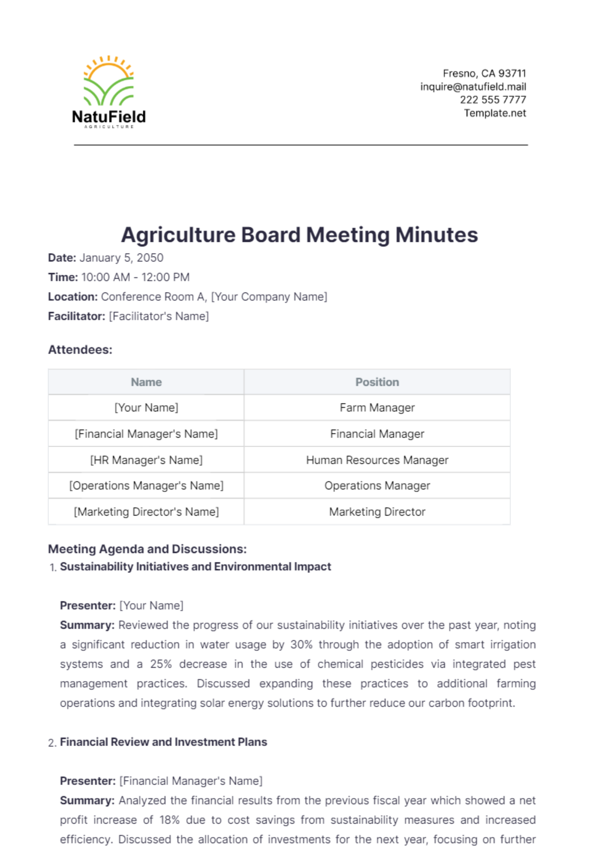 Agriculture Board Meeting Minutes Template - Edit Online & Download