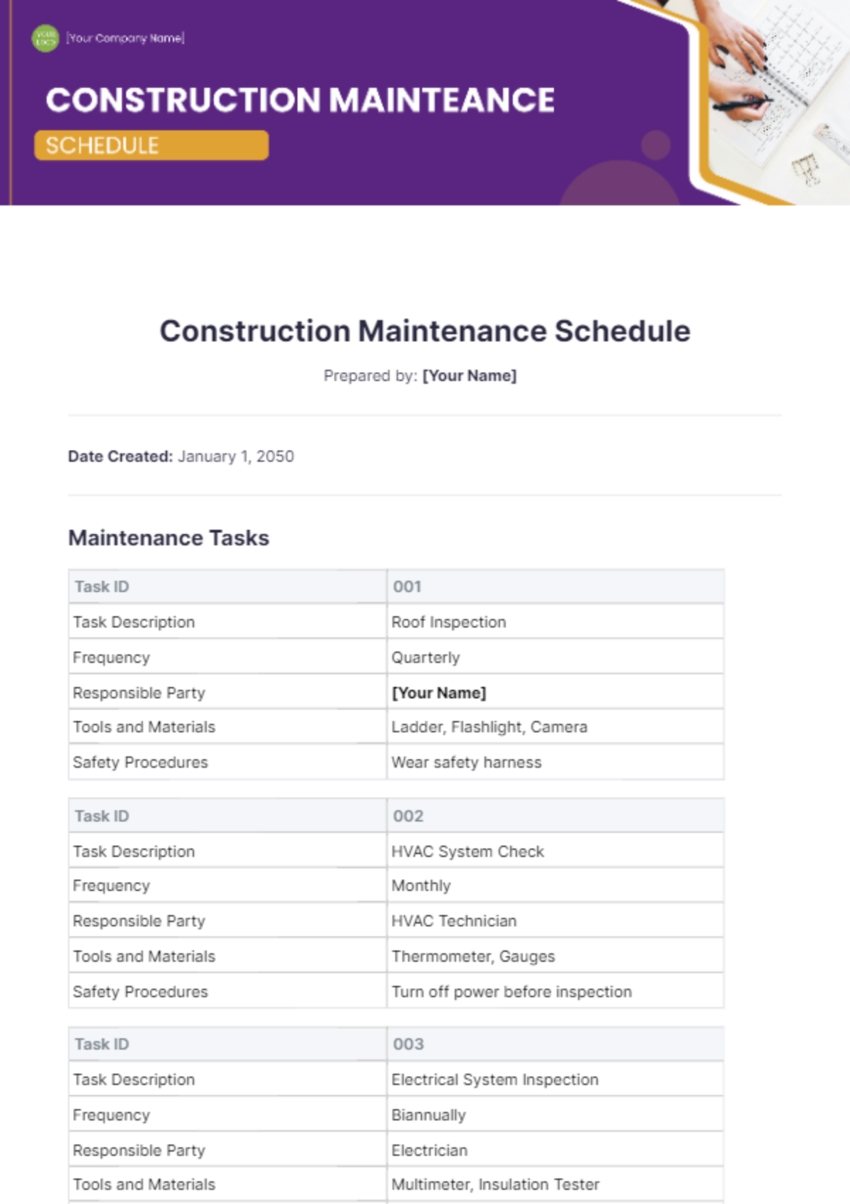 Construction Maintenance Schedule Template - Edit Online & Download