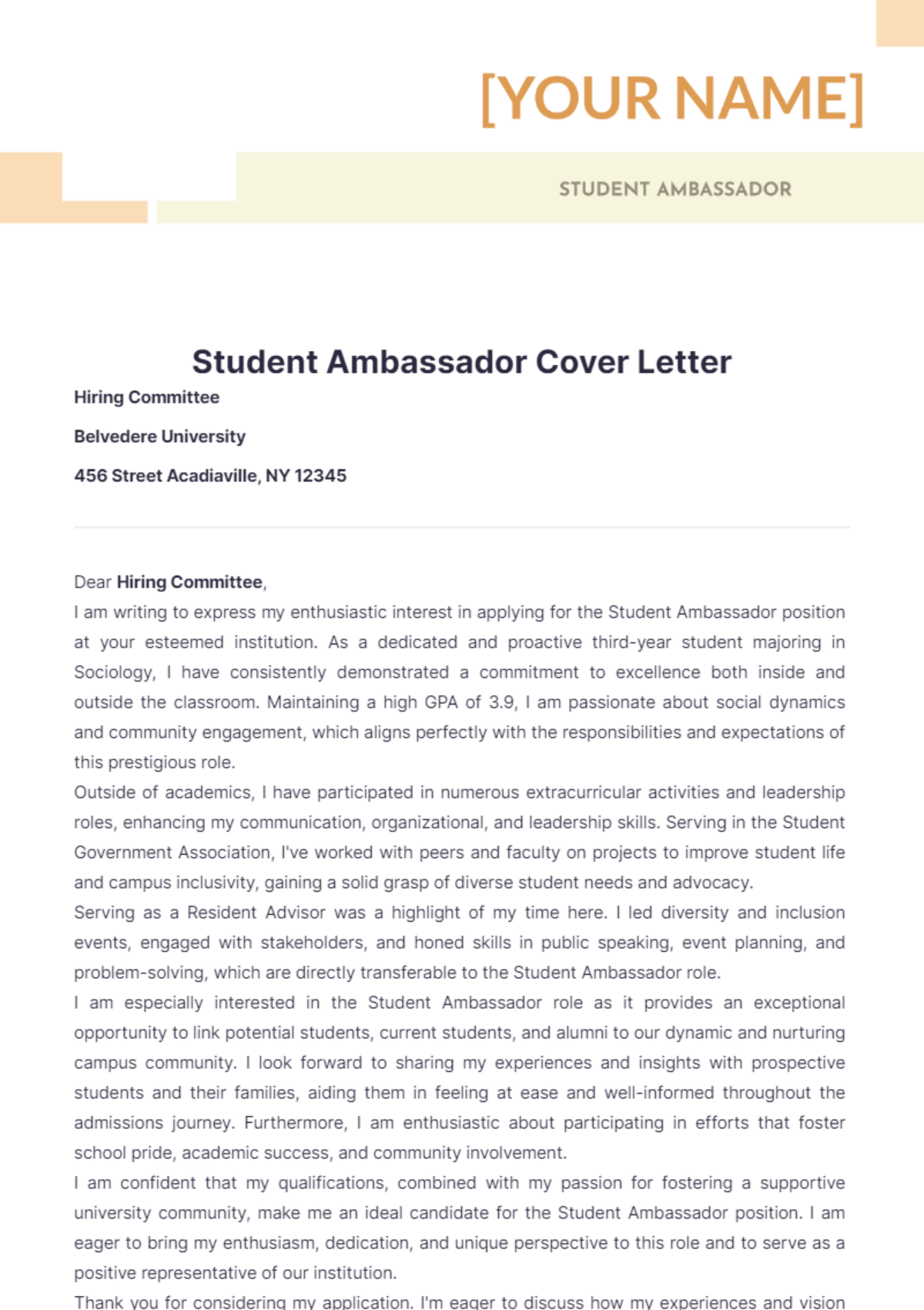 cover letter for student ambassador position