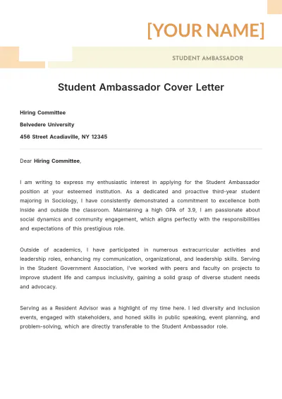 Free Student Ambassador Cover Letter to Edit Online
