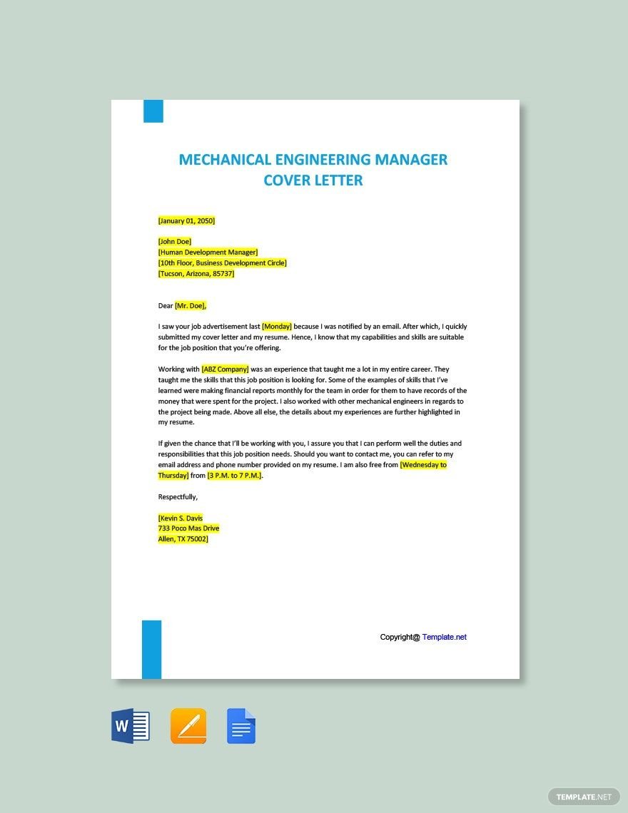 Mechanical Engineering Manager Cover Letter
