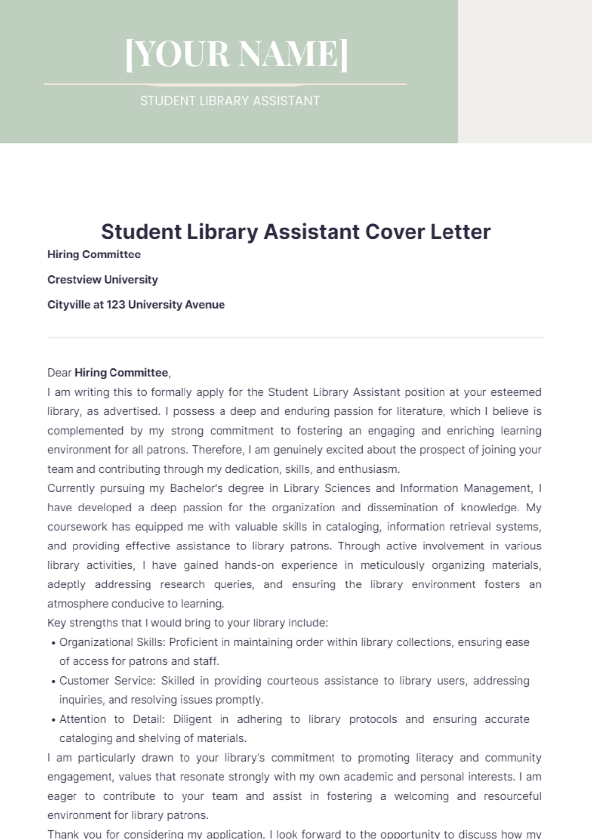 Student Library Assistant Cover Letter