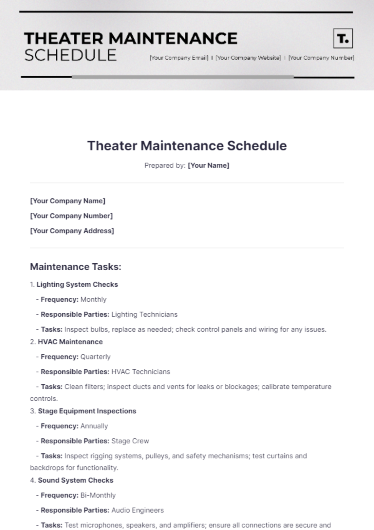 Theater Maintenance Schedule Template - Edit Online & Download