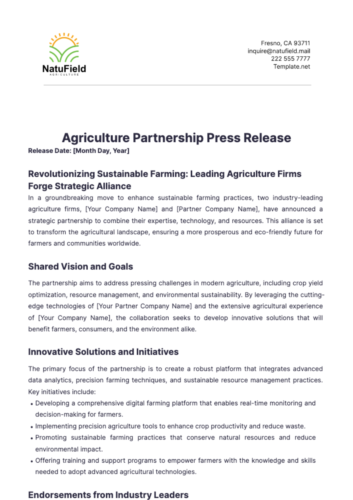 Agriculture Partnership Press Release Template - Edit Online & Download