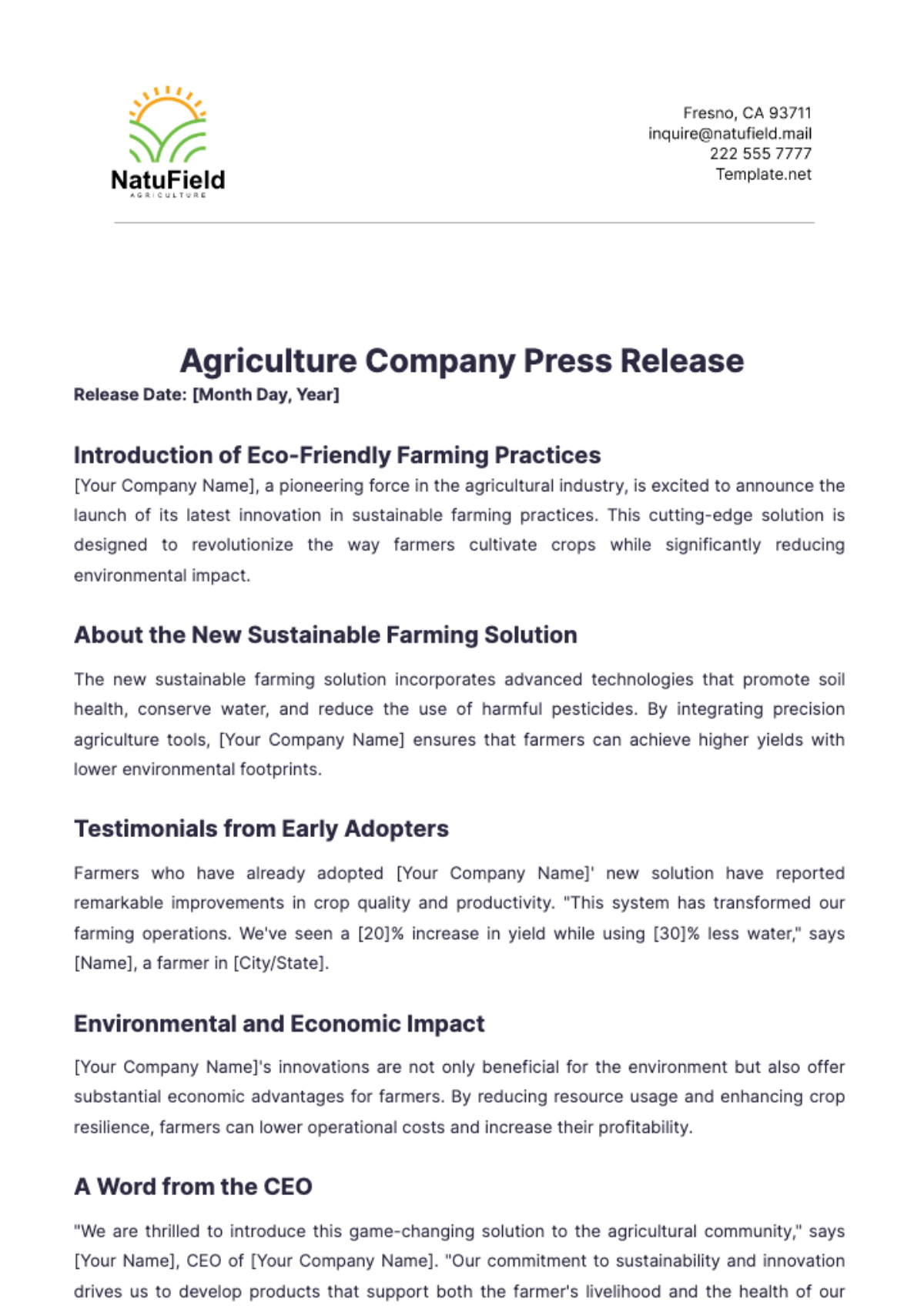 Agriculture Company Press Release Template - Edit Online & Download