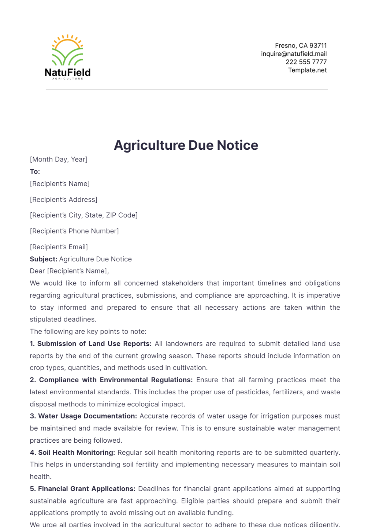 Agriculture Due Notice Template - Edit Online & Download