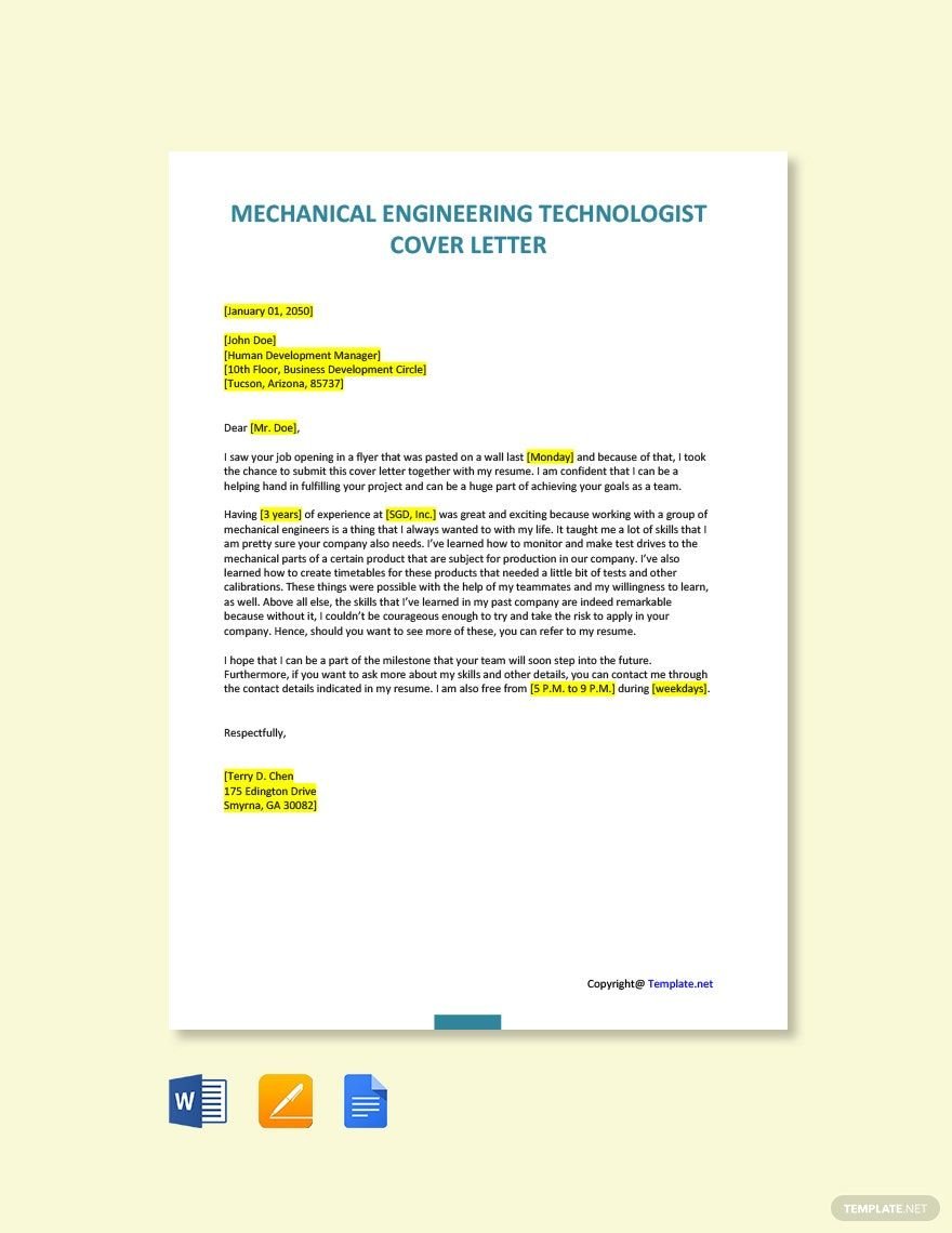 Mechanical Engineering Technologist Cover Letter