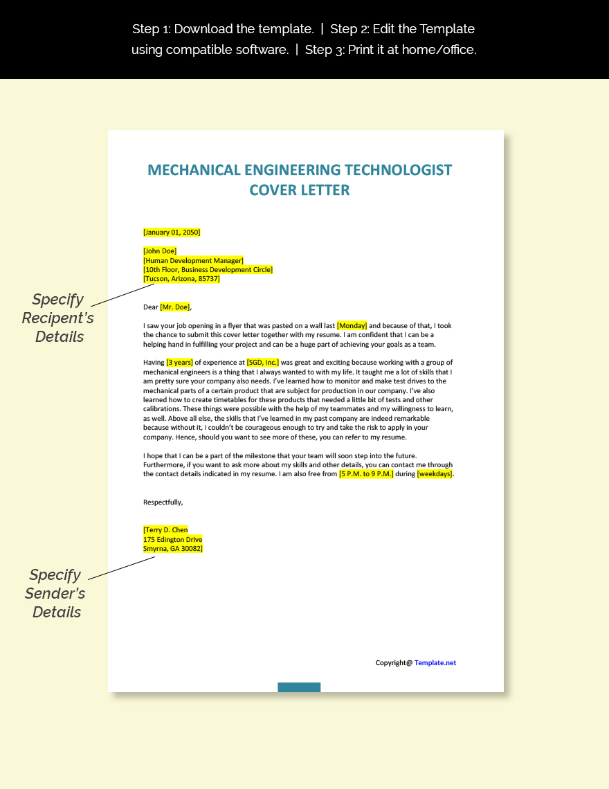 Mechanical Engineering Technologist Cover Letter