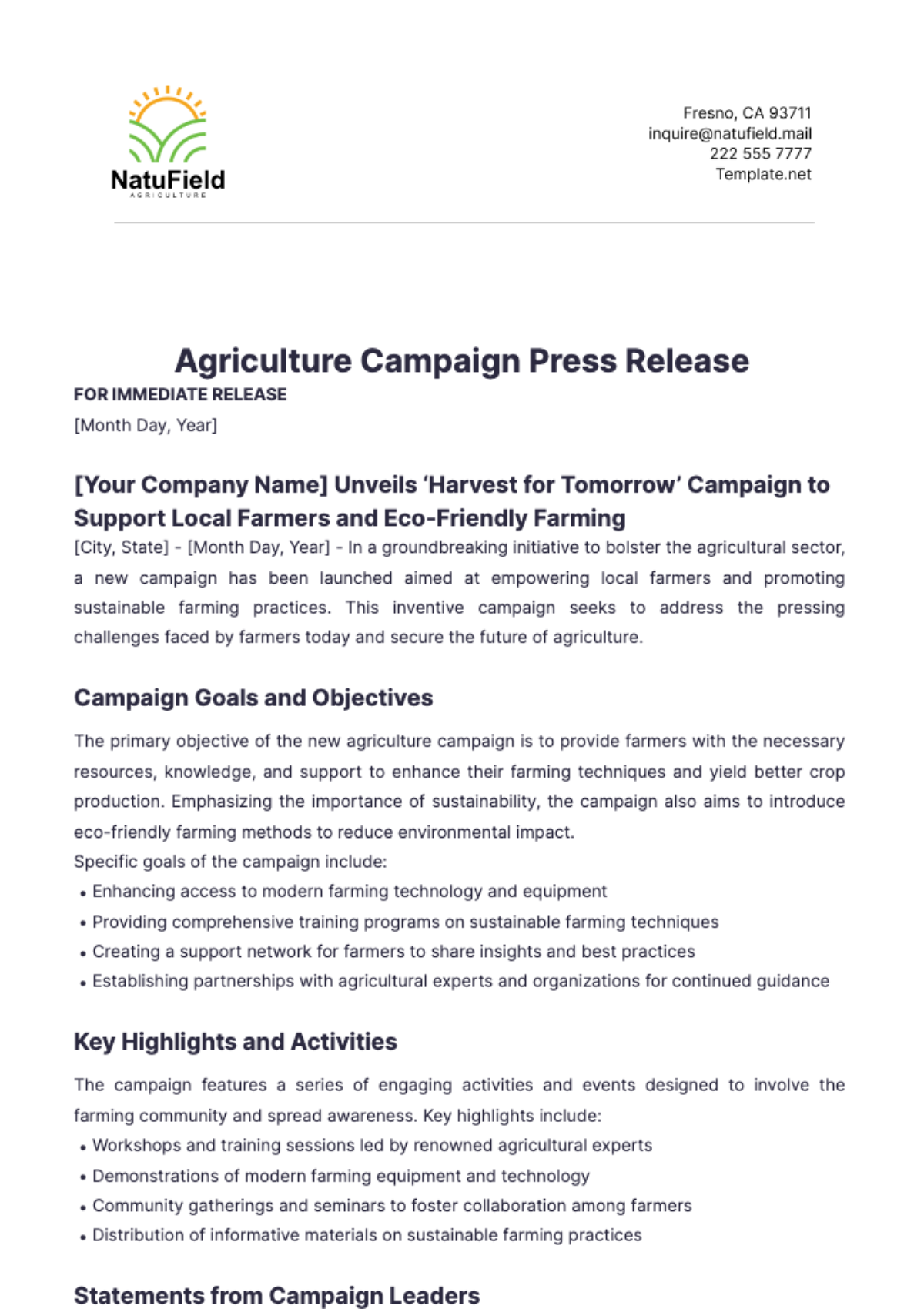 Agriculture Campaign Press Release Template - Edit Online & Download