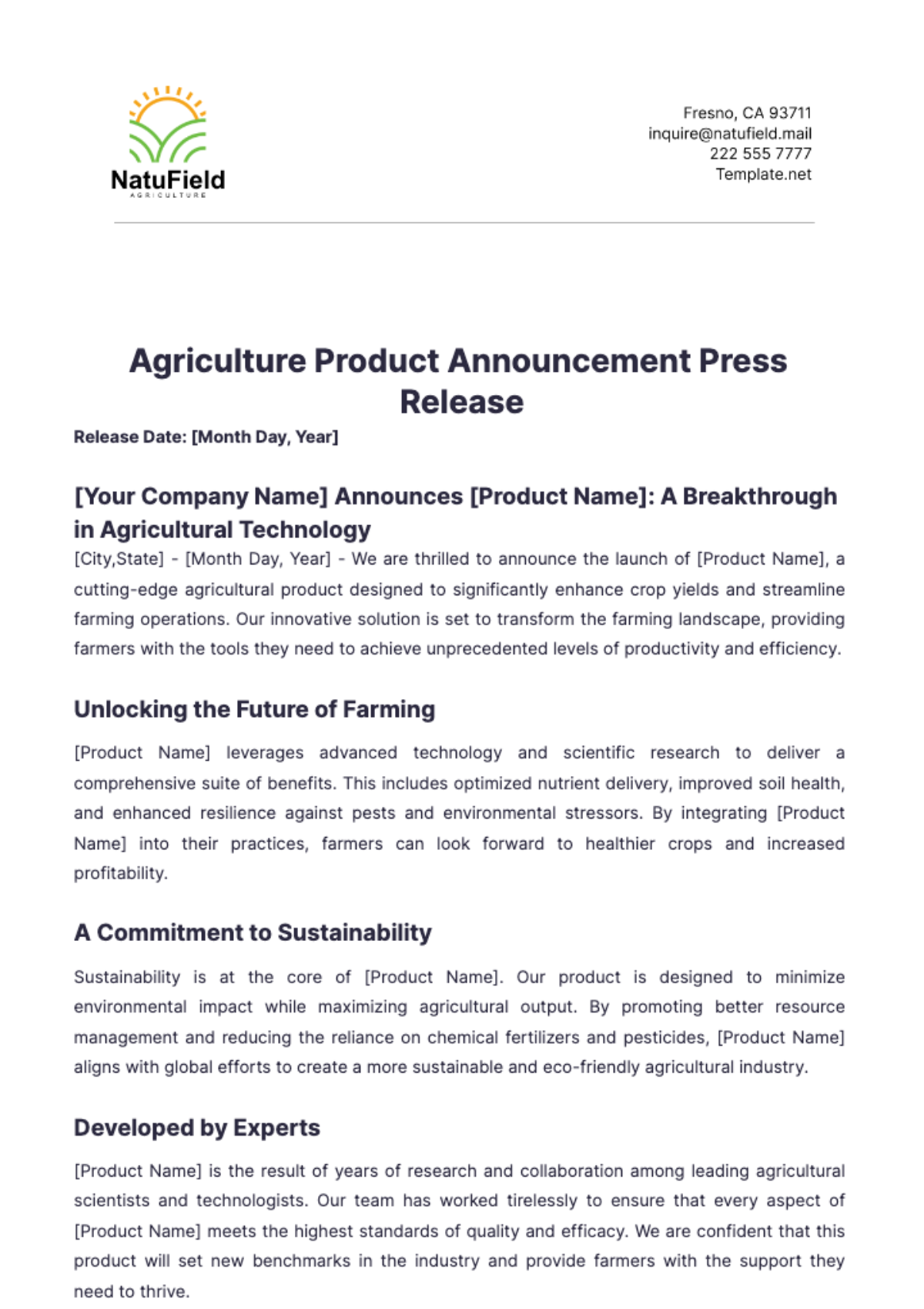 Free Agriculture Product Announcement Press Release Template