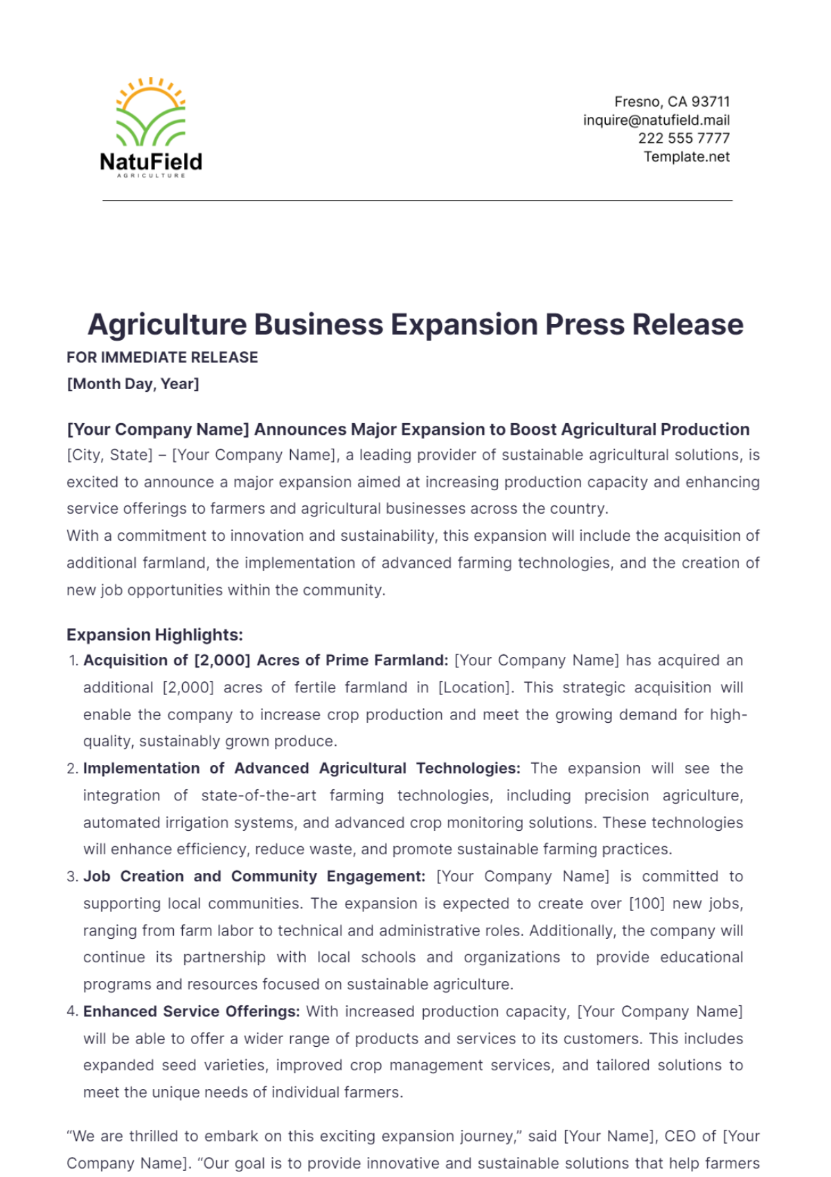 Agriculture Business Expansion Press Release Template - Edit Online & Download