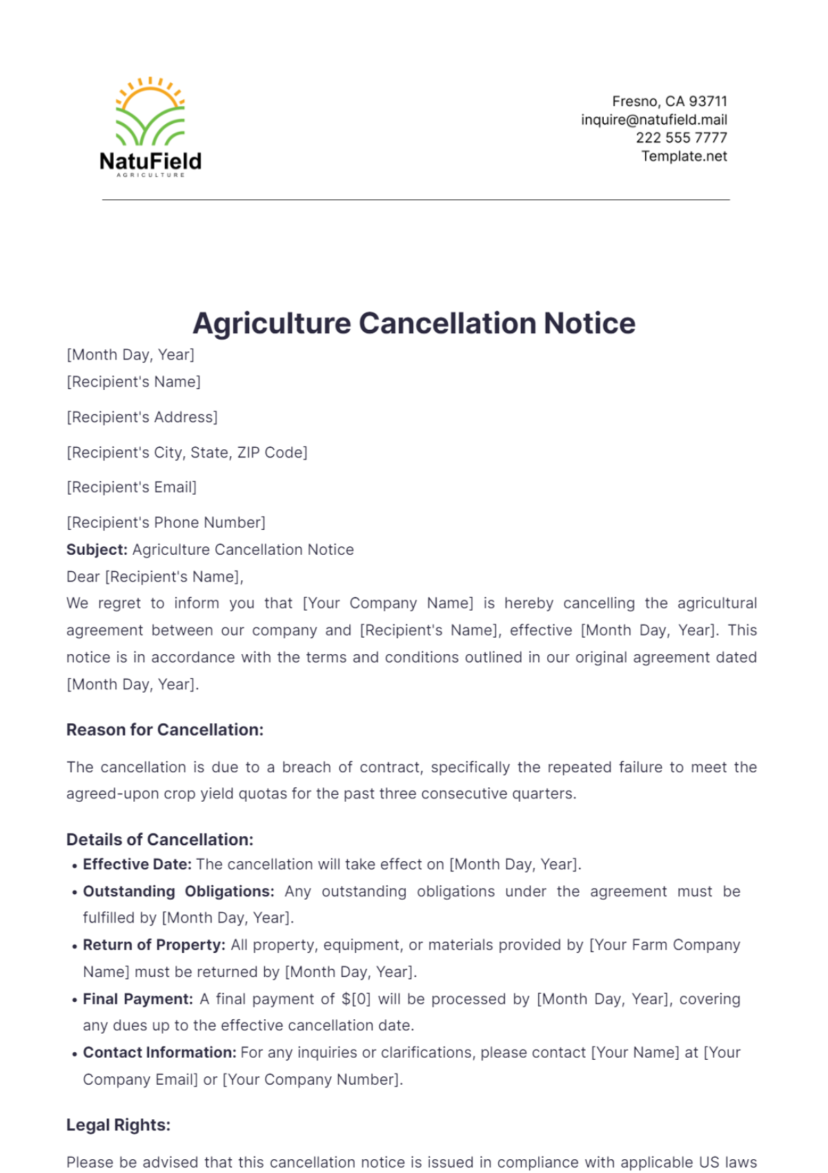 Agriculture Cancellation Notice Template - Edit Online & Download