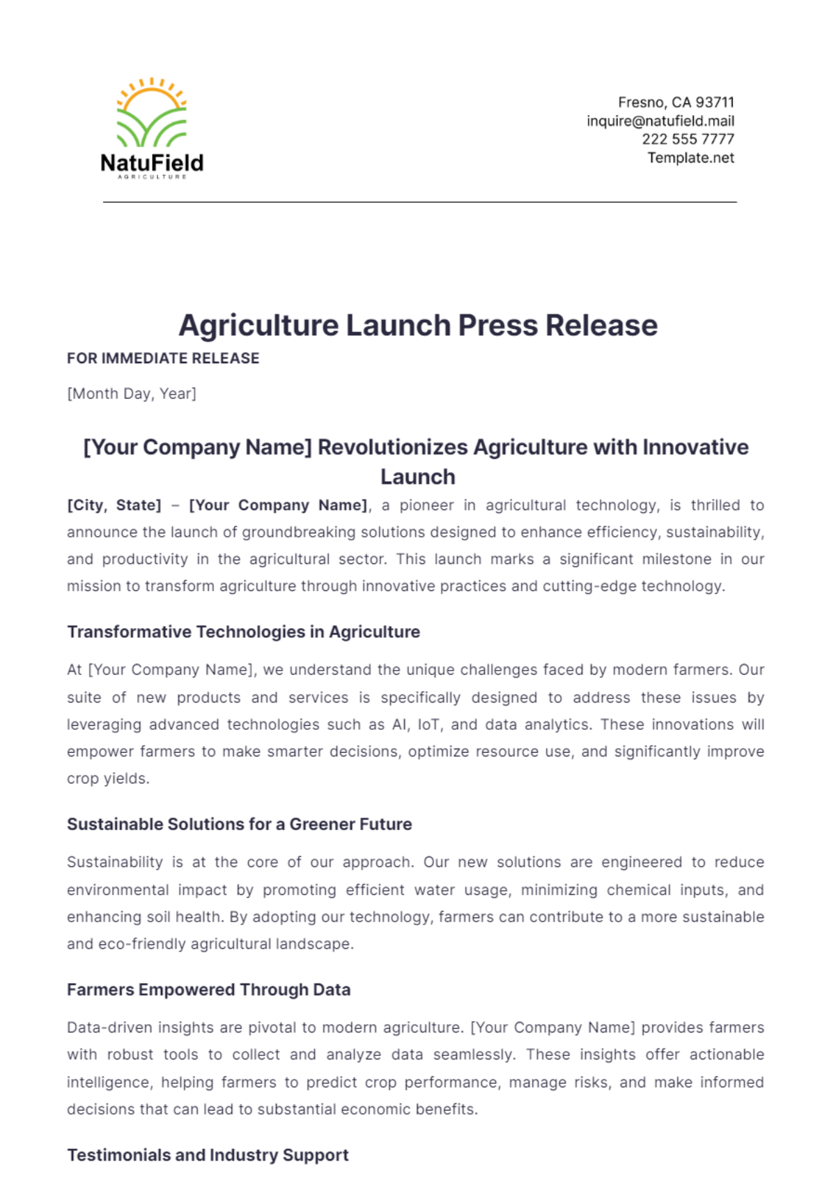 Agriculture Launch Press Release Template