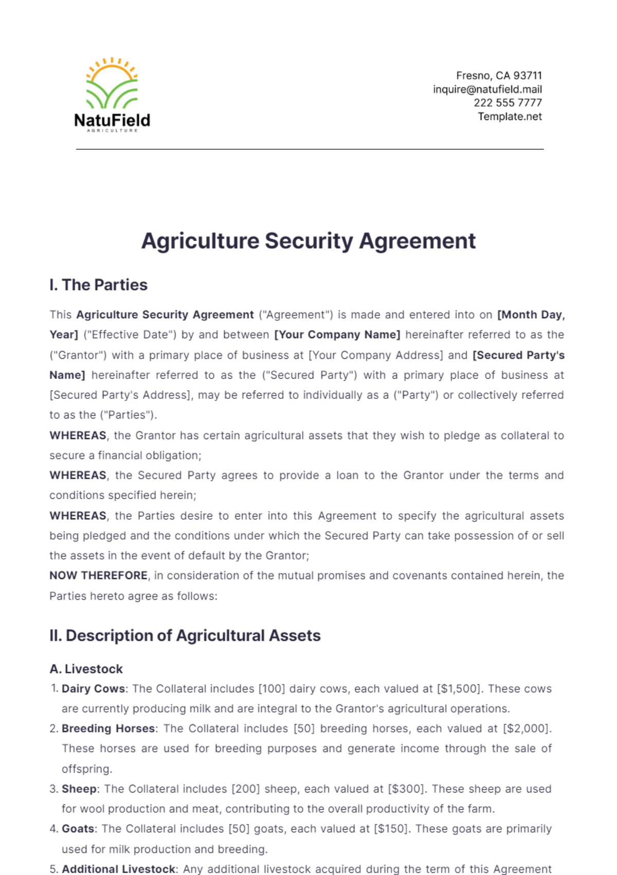 Agriculture Security Agreement Template - Edit Online & Download