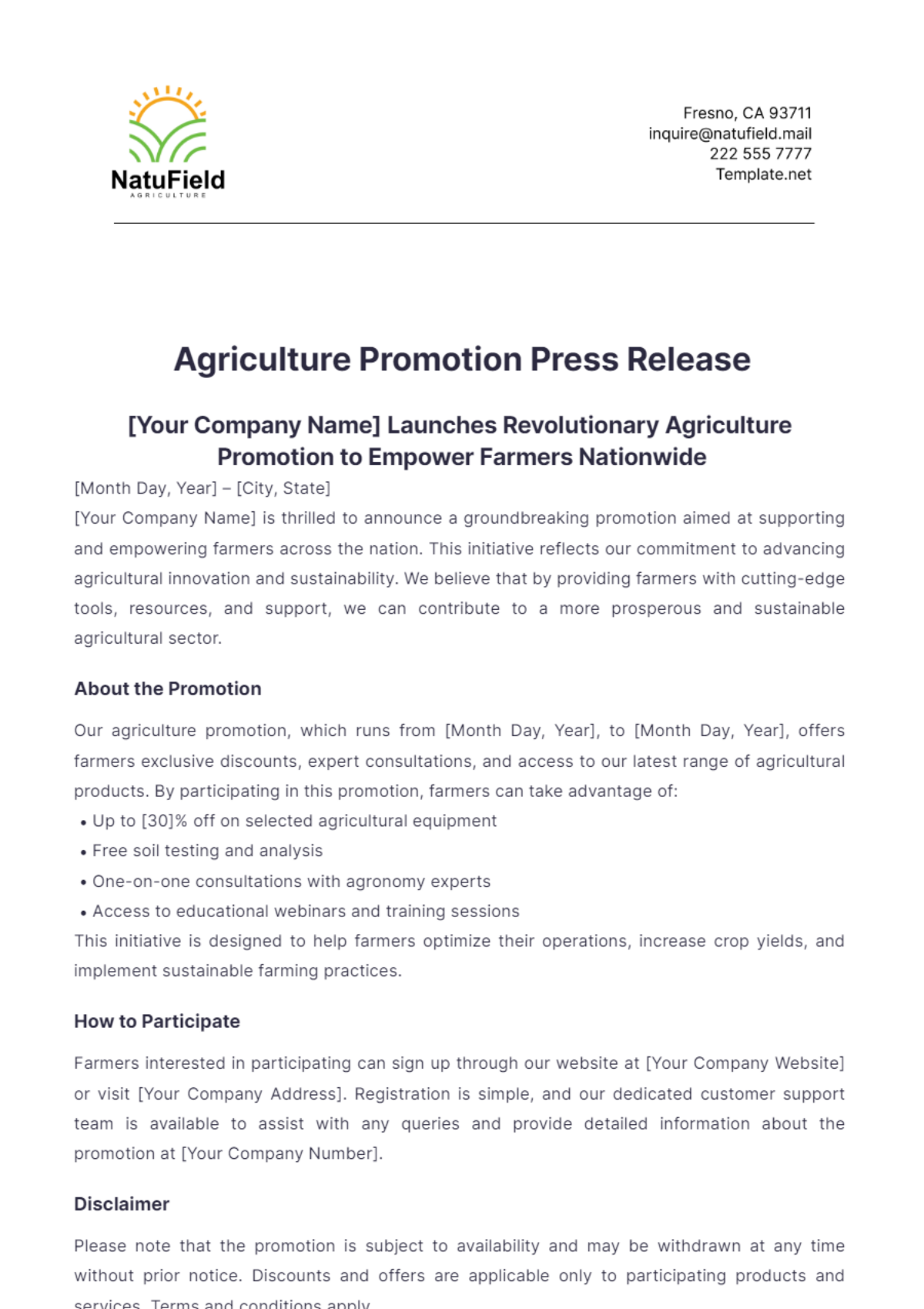 Agriculture Promotion Press Release Template - Edit Online & Download