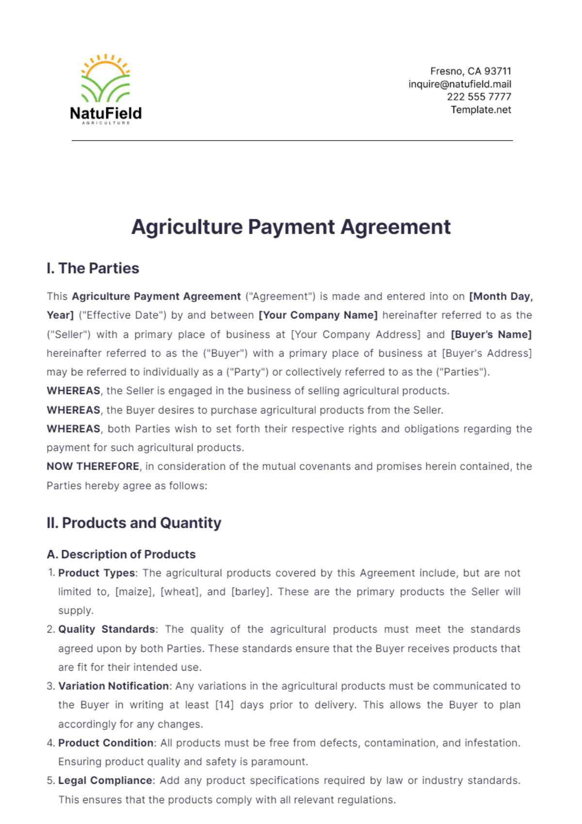 Agriculture Payment Agreement Template