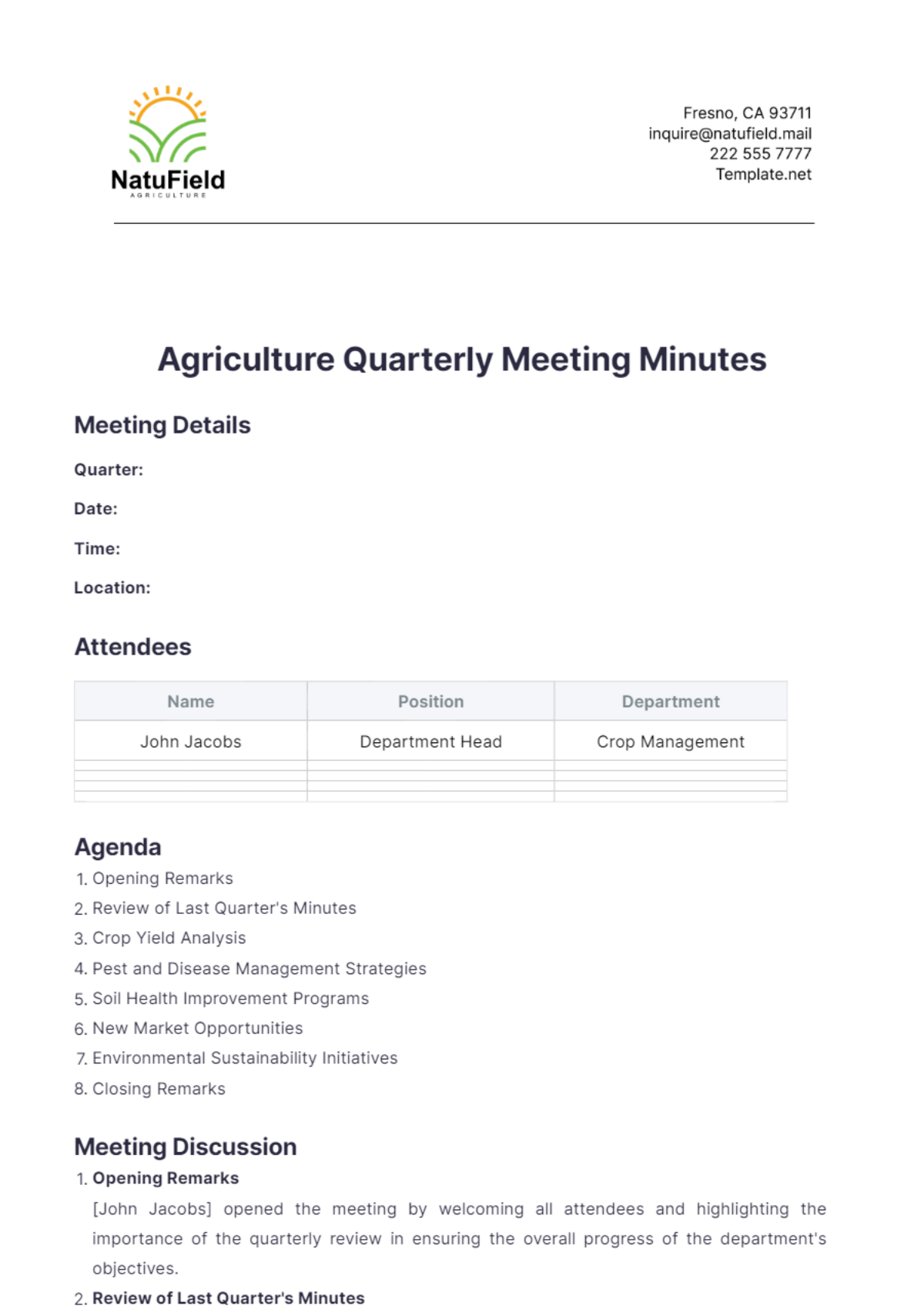 Agriculture Quarterly Meeting Minutes Template - Edit Online & Download