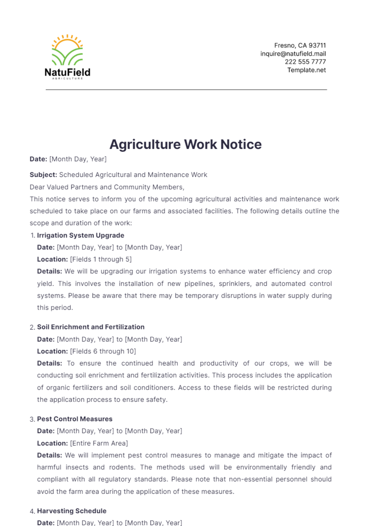 Agriculture Work Notice Template - Edit Online & Download